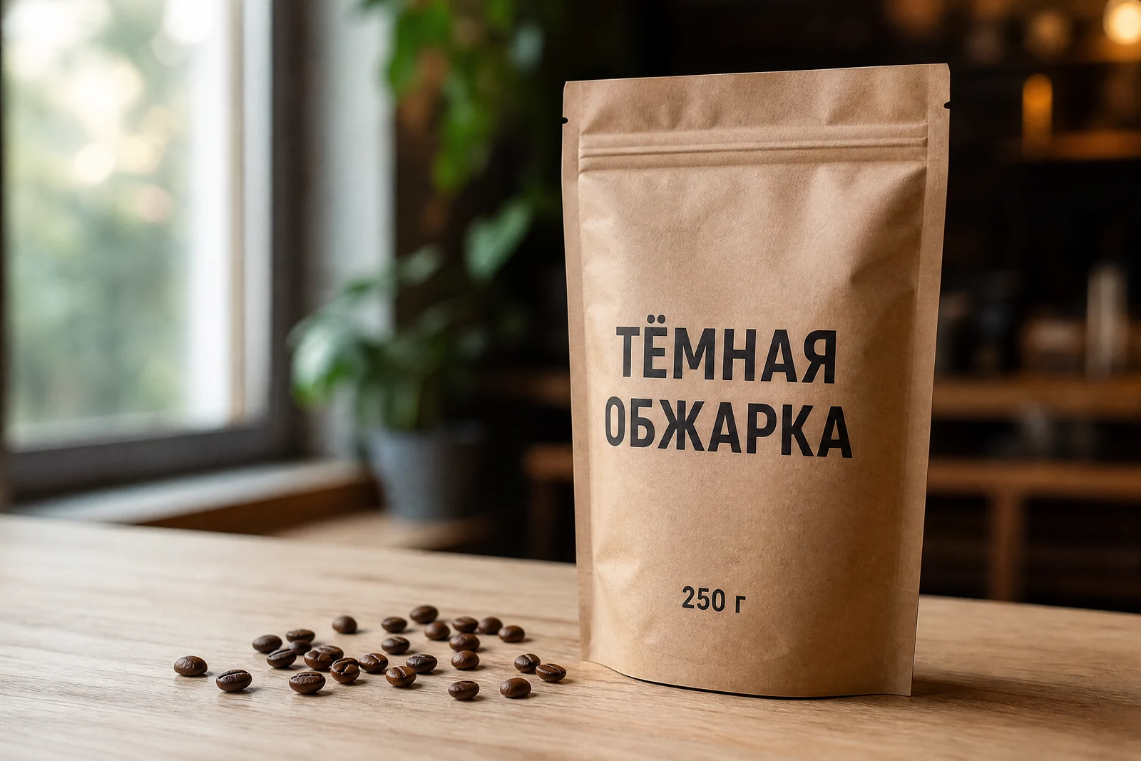 Крафтовая упаковка кофе с надписью «Тёмная обжарка», сгенерирована нейросетью GPT Image 2